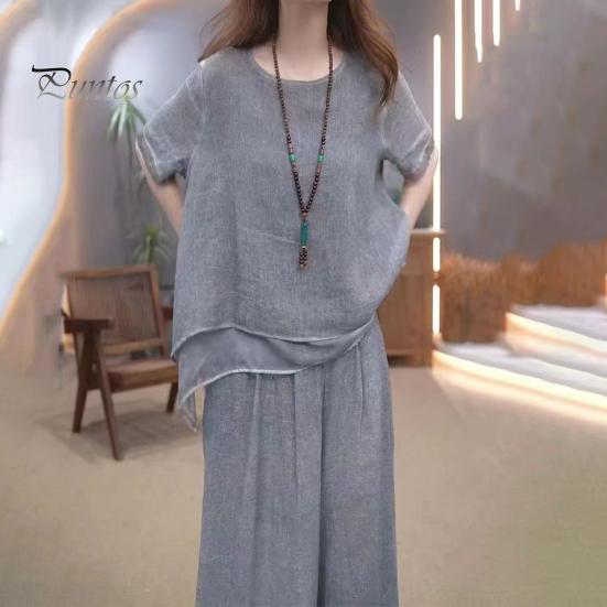 2 шт./комплект женский топ брюки комплект круглый вырез половина рукава неровный подол блузка широкие брюки эластичный пояс широкие брюки повседневный досуг свидание наряд