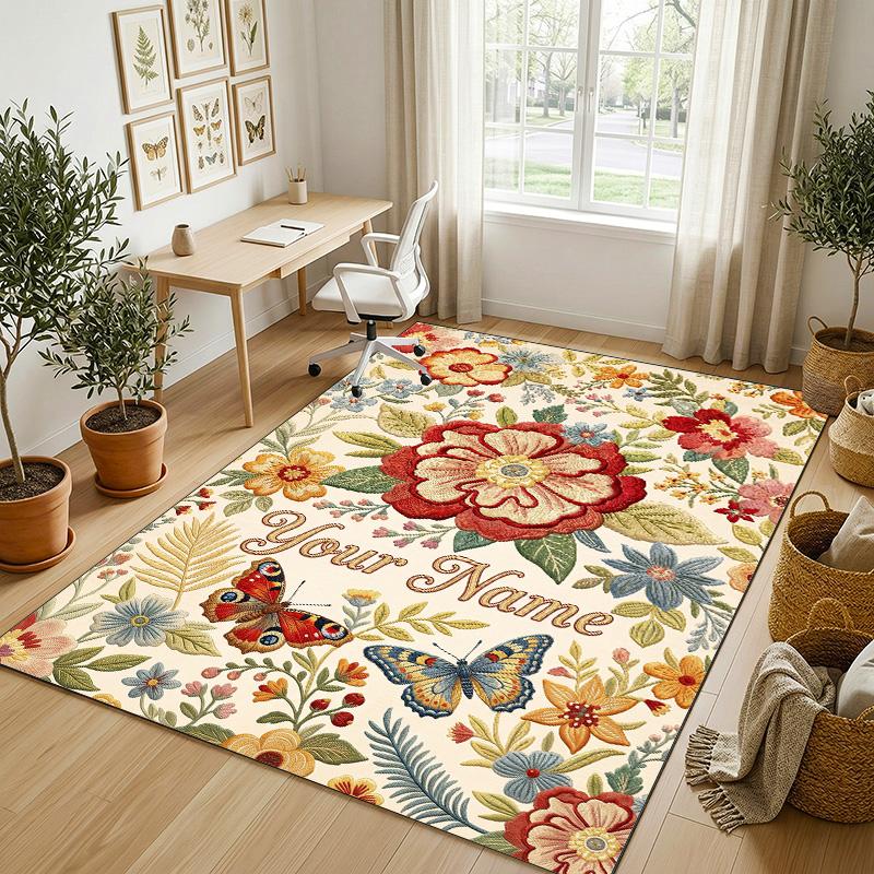 Floral Butterfly Garden Theme Soft Crystal Velvet Rug Custom Name & Text Print Non Slip Floor Rug for Bedroom Living Room