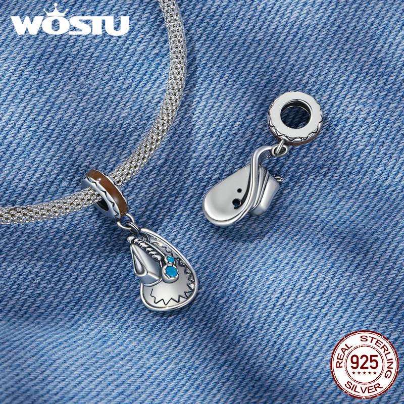 WOSTU Ковбойская шляпа из стерлингового серебра 925 пробы, очаровательные бусины, ковбойские кожаные сапоги, подвеска для браслета, ювелирные изделия своими руками