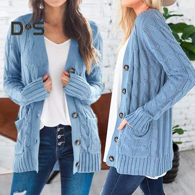 Женская куртка-свитер с длинным рукавом, на пуговицах, вязаное зимнее пальто с карманом, однотонный свободный свитер