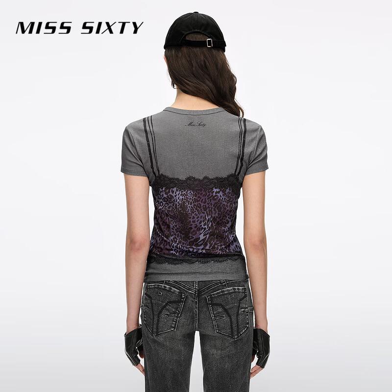 Miss Sixty Кружевная футболка с леопардовым принтом и иллюзией многослойности, весна 2026