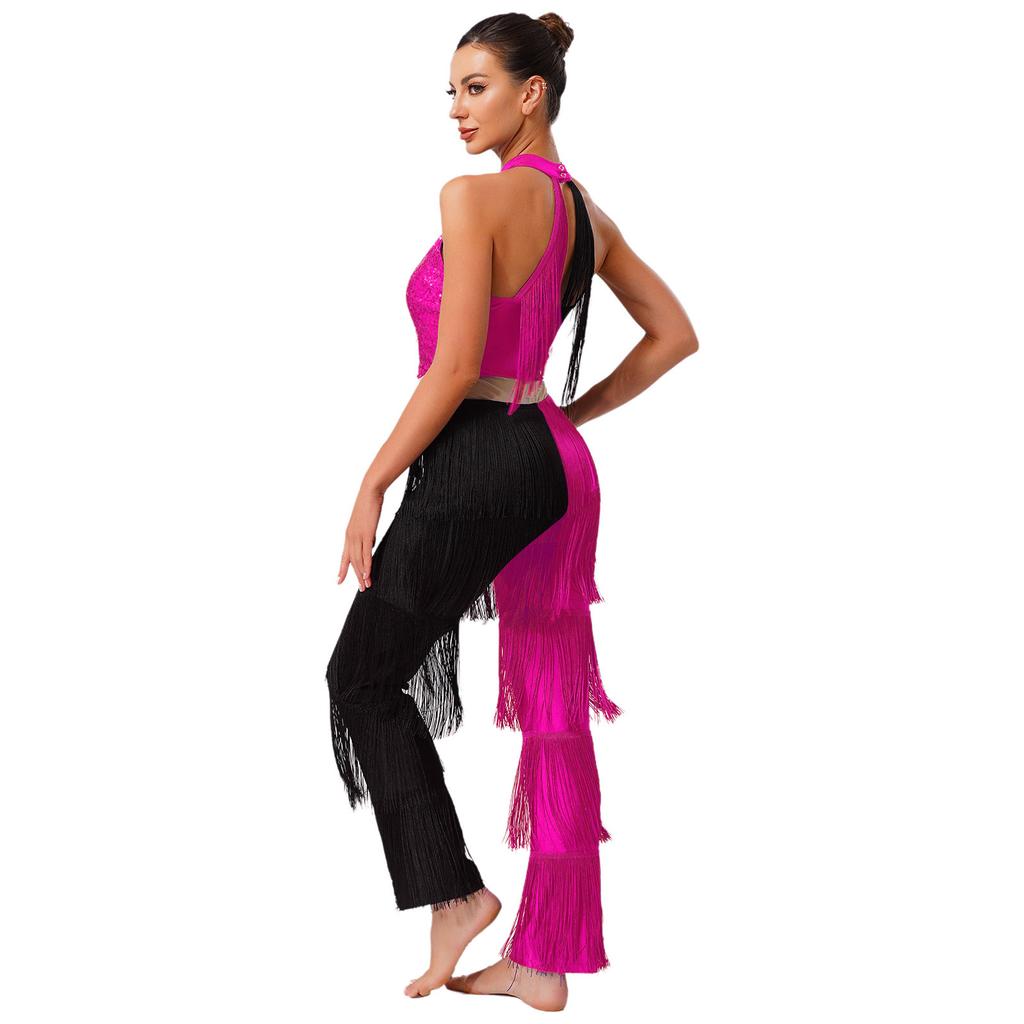 S-XXL Женский комбинезон для латиноамериканских танцев в стиле диско 70-х с пайетками и бахромой, контрастный по цвету, цельный