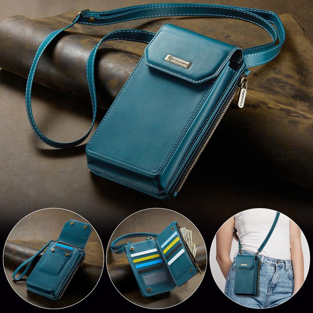Multi-function Cellphone PU Leather 9 Card Slots Wallet Case with 2 Ropes for iPhone Samsung Xiaomi Anti-theft Brush Universal Size Zipper Bag