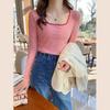 Long-sleeve T-shirt for Women Spring and Autumn Bottom Blouse Slim Knitted Patchwork Square Neck Top