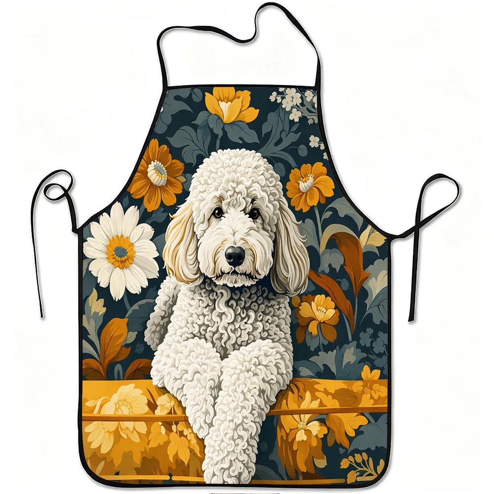1pc Cute Curly Dog & Floral Apron with Poodle Print - Adjustable Waistband, Durable Easy-Clean Polyester Suitable for Kitchen Cooking, Gardening, Fora