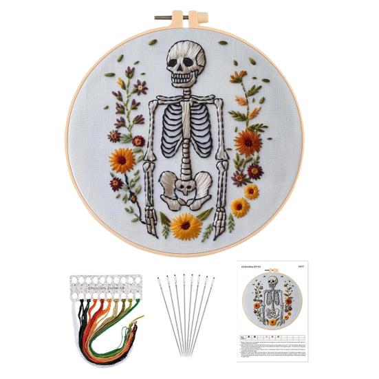 1 Set Halloween Embroidery Kit with Hoop Threads Scissors Threader Beginners Gothic Stamped Cross Stitch Hand Embroidery Starter Kit