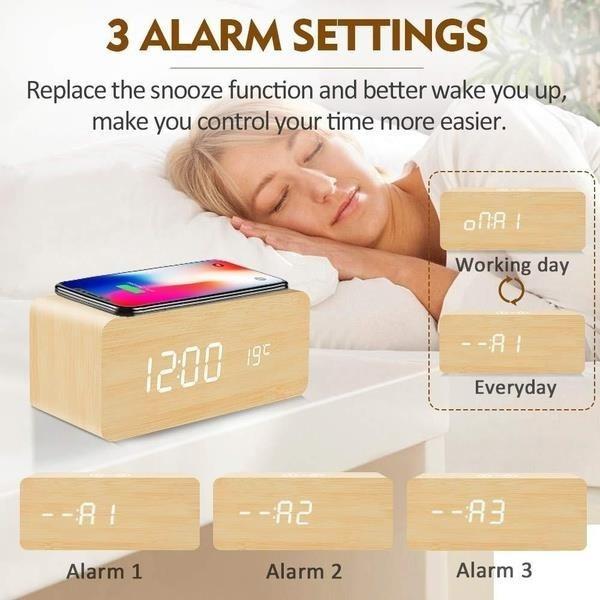2025 Sound Control LED Digital Alarm Clock Wooden Design Thermometer Qi Wireless Charging Pad Desk Clock