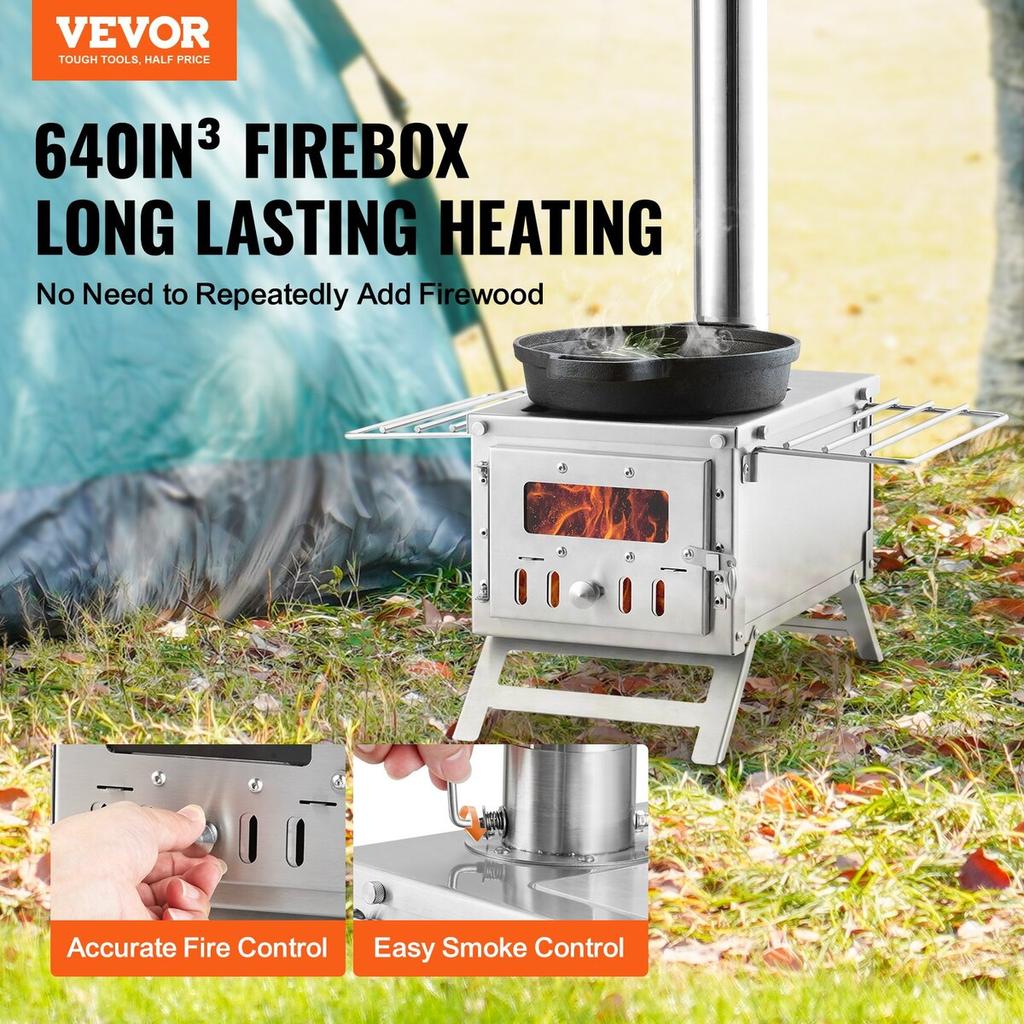 Wood Stove, 80 inch, Stainless Steel Camping Tent Stove, Portable Wood Burning Stove with Chimney Pipes & Gloves, 700in³Firebox Hot Tent Stove for