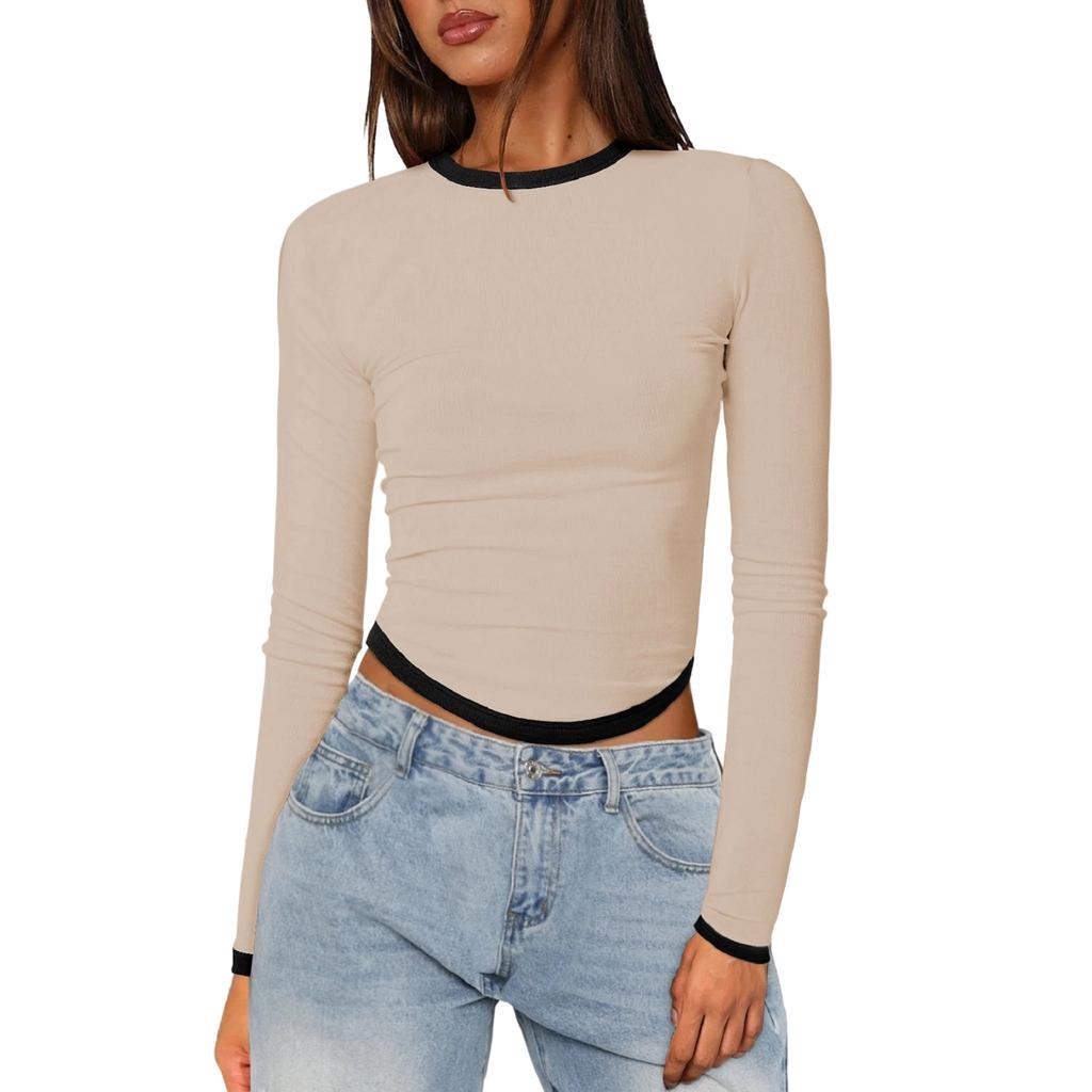Women's Long-Sleeve  Slim-Fit Color Block Crop Base Layer Top