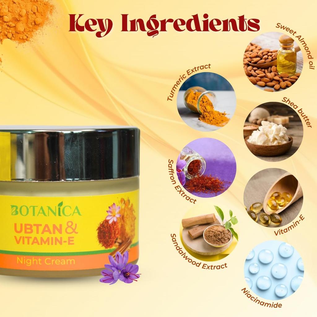 BOTANICA Ночной крем Убтан и Витамин Е - Легкий, Осветляющий крем для кожи, Обогащенный ниацинамидом и экстрактом сандала, 50 мл