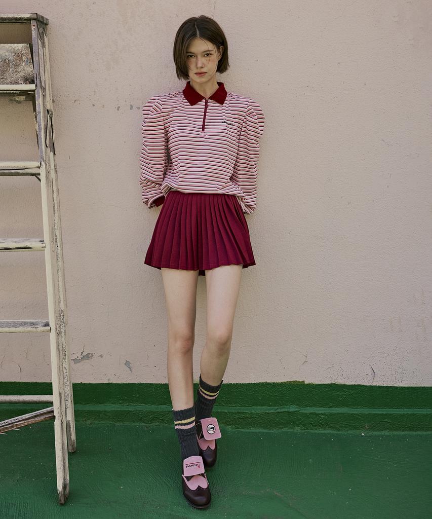 KANDINI Wine Zip-Up Puff Collar Tee