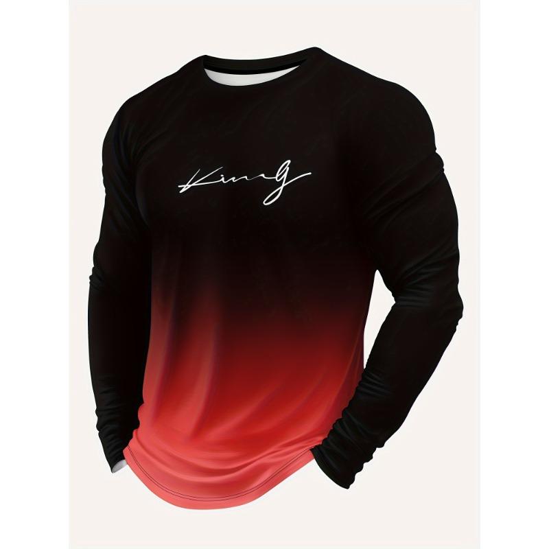 Men's Letters Print Gradient Color Long Sleeve Crew Neck T-shirt, Casual Comfy Tee As Gift