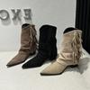 Vintage Square Heel Women Western Cowgirl Boots Fashion Slip On Shoes Autumn Winter Ladies Tassels Short Booties