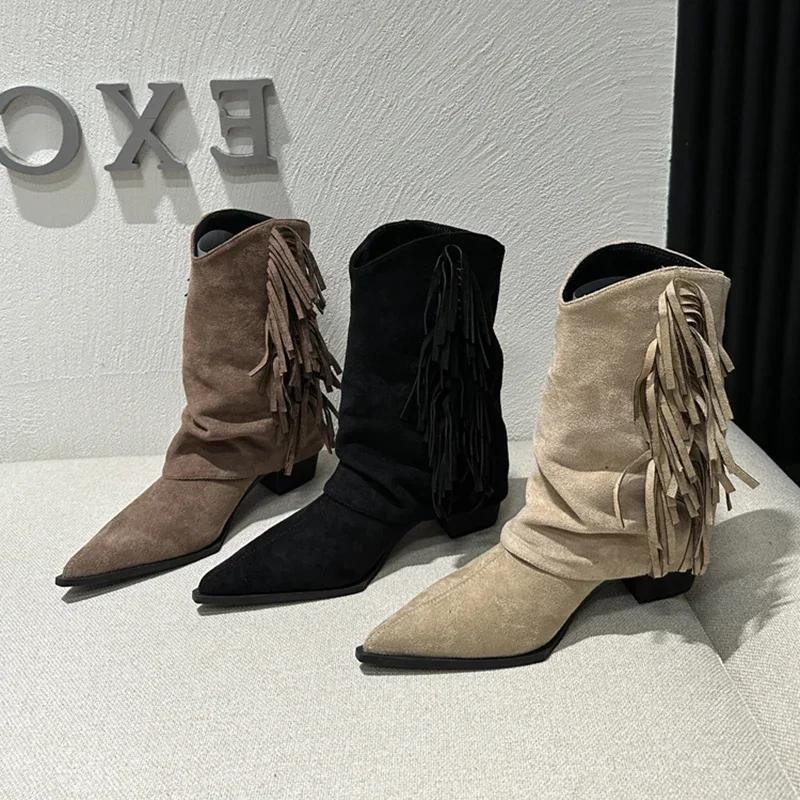 Vintage Square Heel Women Western Cowgirl Boots Fashion Slip On Shoes Autumn Winter Ladies Tassels Short Booties