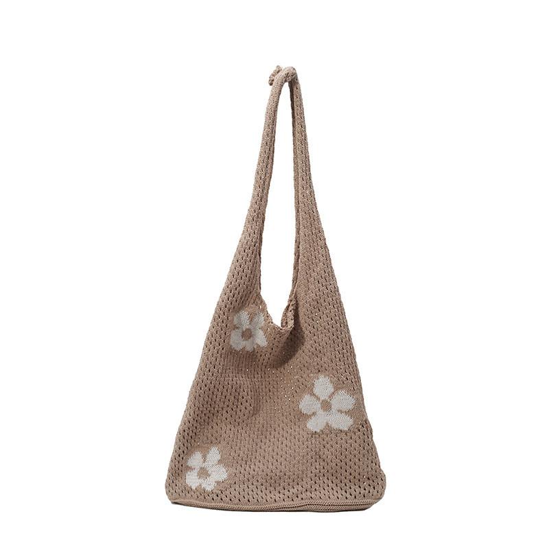 Flower Hollowed Knitting Tote Bag Large Capacity Casual Womens Shoulder Bag For Daily Use