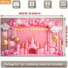 2D Pink Castle Happy Birthday Party Backdrop Princess Balloon & Curtain Photography Background