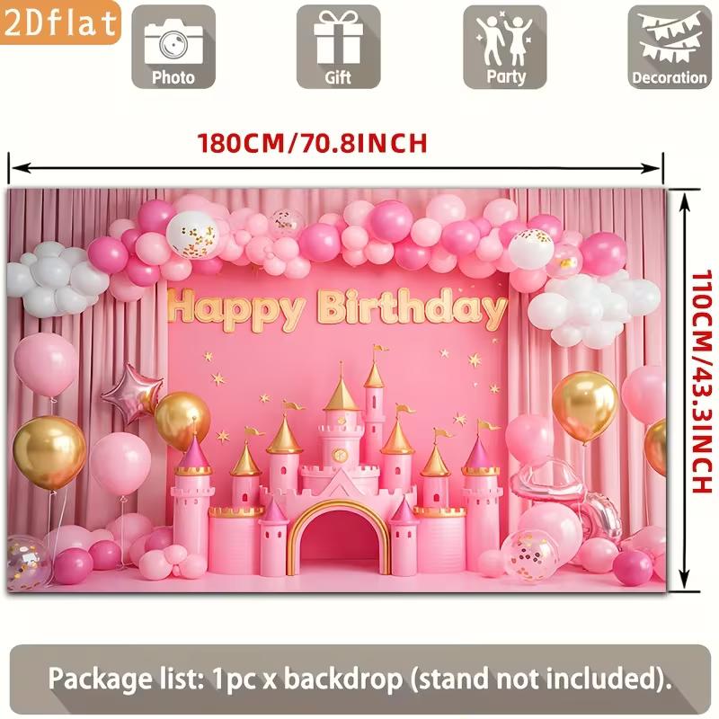 2D Pink Castle Happy Birthday Party Backdrop Princess Balloon & Curtain Photography Background