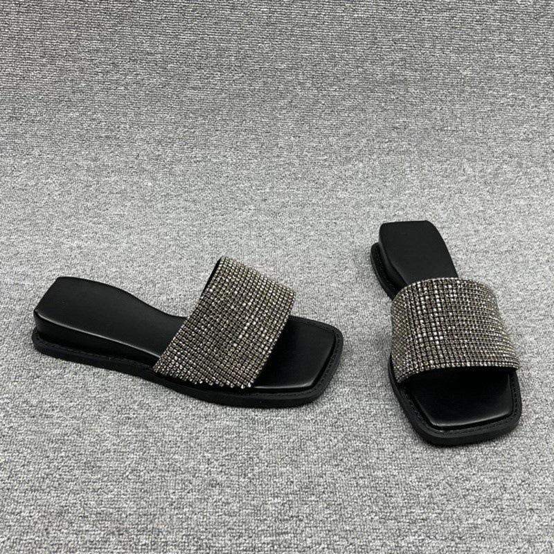 European Station Women's Shoes 2025 Summer New European Products Laikab Rhinestone Slope Heel Open Toe One-word Slippers Women