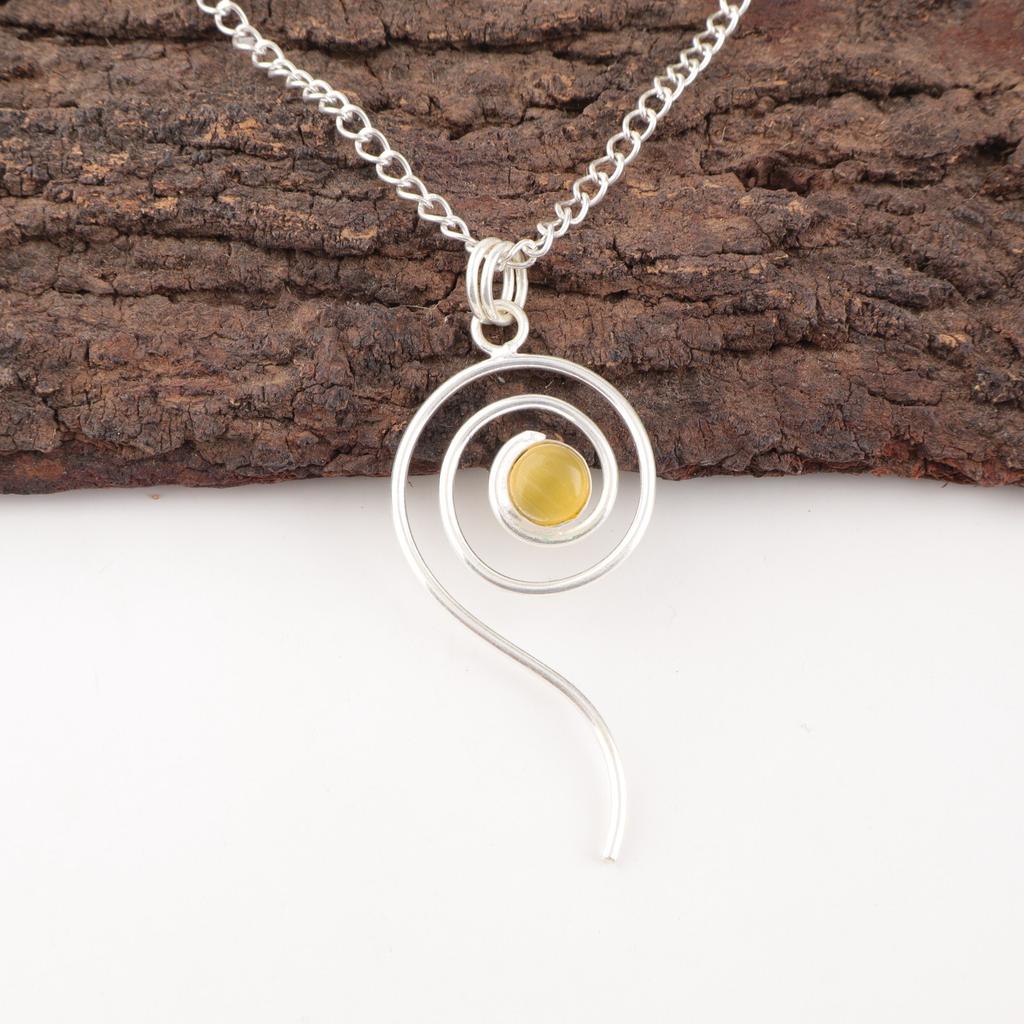 Yellow Cat's Eye Gemstone 925 Sterling Silver Jewelry Handcrafted Round Pendant PP-42-45
