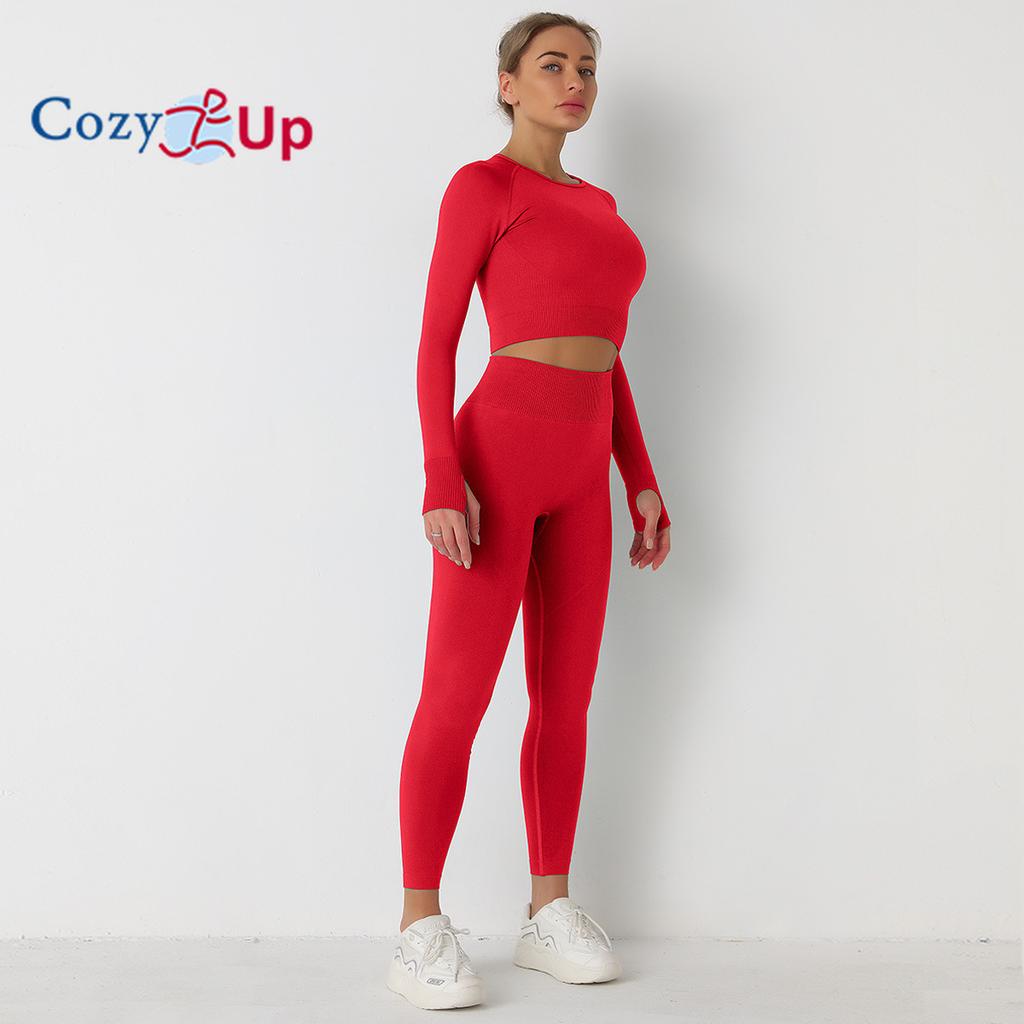 Cozy Up Тренировочные комплекты для женщин из 2 предметов для занятий йогой, бесшовные ребристые леггинсы с топами с длинными рукавами