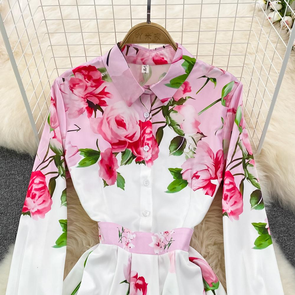 Весеннее европейское и американское модное платье трапециевидной формы с отворотом на талии и принтом, элегантное длинное платье с длинными рукавами