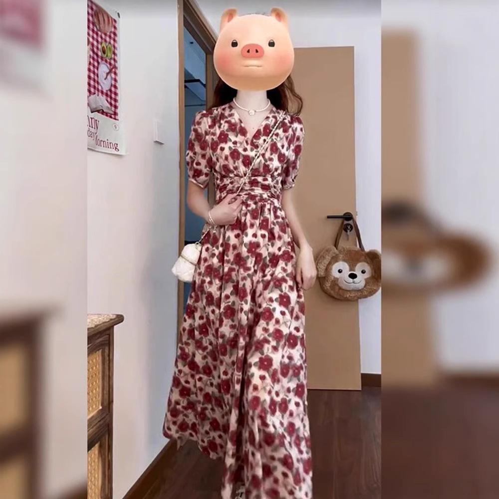Summer red floral dress children's new waist explosion long dress coffee break French temperament advanced sense