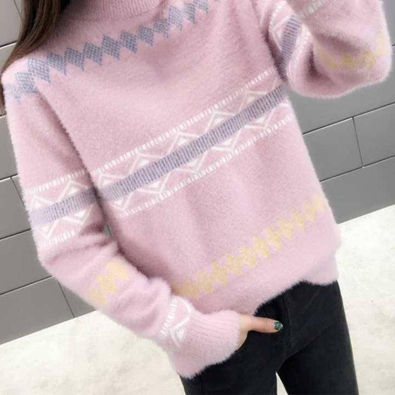 Women Fashion Half Turtleneck Basic Sweater Autumn Loose Casual Cashmere Knitting Pullovers Vintage Print Knitwear