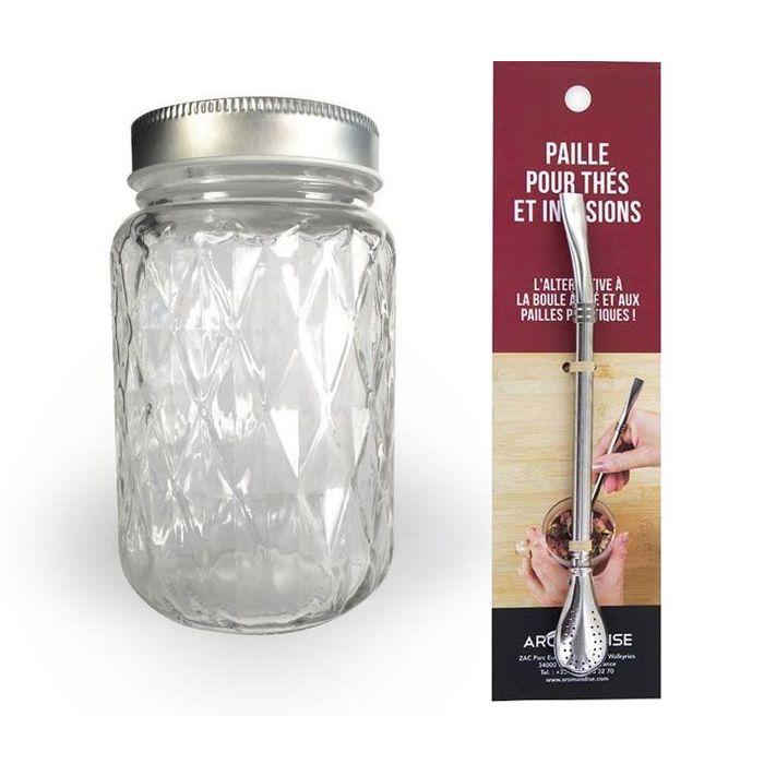Mason Jar with 37.5 Cl Diamond Lid + Stainless Steel Straw with Filter