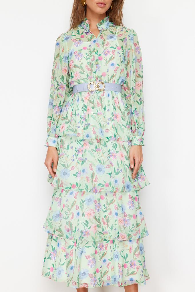 Women's Hijab Dress New Season Fashion Blue Belted Lined Chiffon Floral Woven Dress