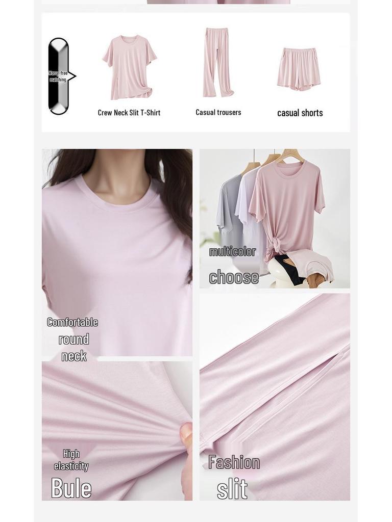 Women's Class A Summer Pajamas: Short Sleeve, Front Slit, Loose Fit, Cool Fabric Homewear Set