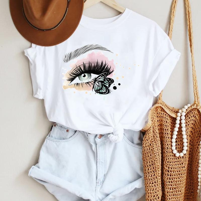 2025 Women Ladies Watercolor Casual Eye Eyelash Fashion Cartoon Summer Lady Print Tee Stylish T Top Tshirts Clothes T-Shirt