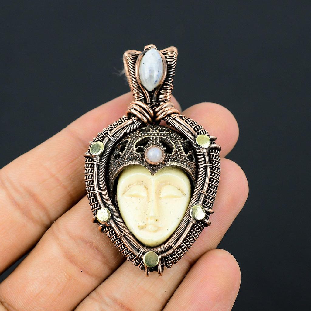 Белая резная кость лицо драгоценный камень медная проволока обруч кулон ювелирный подарок для любви