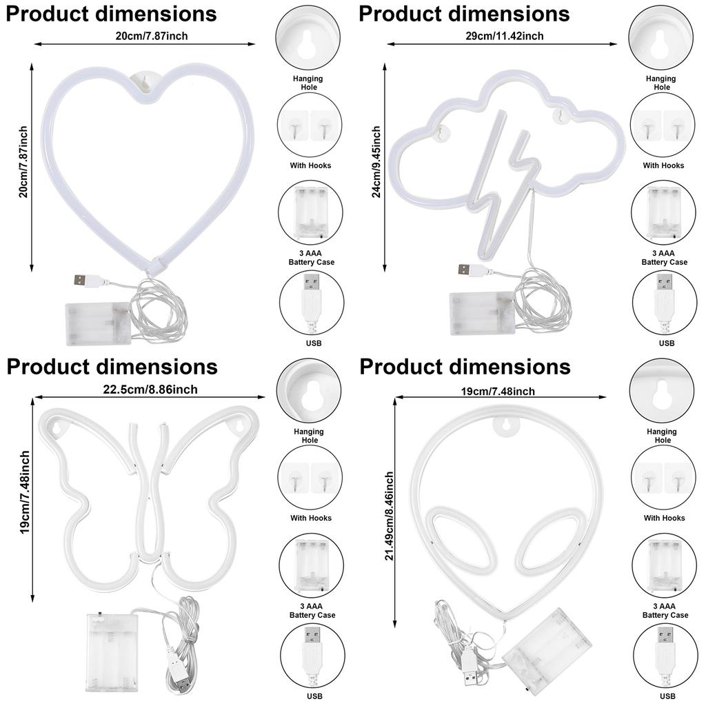 Battery/USB LED Neon Light Wall Decoration Butterfly Lightning Heart Neon Sign Night Light for Kids Bedroom Wedding Party Gift