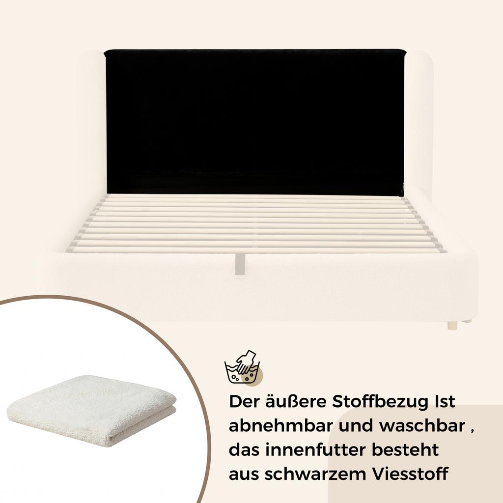 Upholstered Bed, Double Bed, Hydraulic Function Bed, Bed with Slatted Frame and Large Storage Space, Upholstered Headboard, Beige Bouclé, 160 x 200