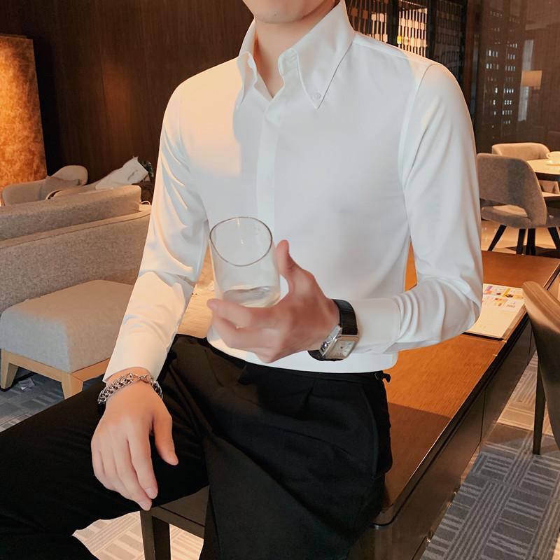 Мужская рубашка с длинным рукавом, не требующая глажки, со скрытой планкой и большим отложным воротником – корейский стиль, повседневный темперамент