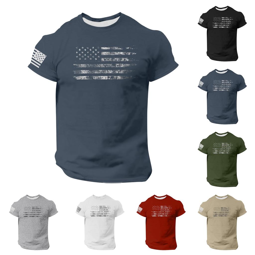 Men's Fashion Casual Short Sleeve Round Neck Independence Day Flag T-Shirt Top