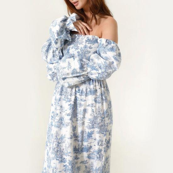 Женское платье макси с открытыми плечами, длинными рукавами-фонариками, квадратным вырезом, струящимся платьем в стиле бохо с цветочным принтом, присборенной талией, длинное платье