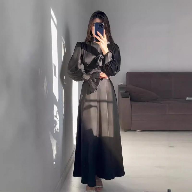 Long Sleeve Satin Dress Solid Color Elegant Fairy Style Women
