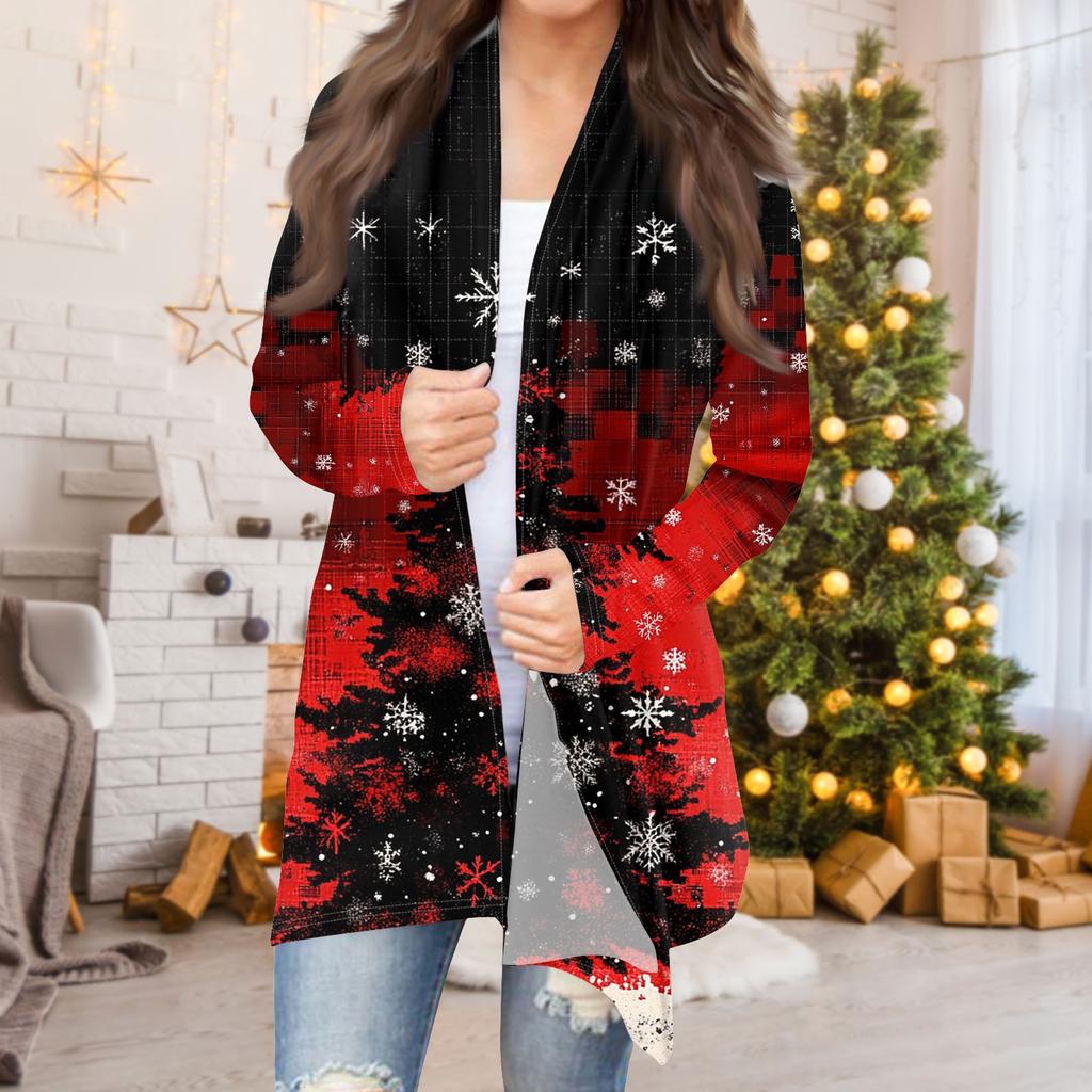 Женская мода повседневная рождественская печать средней длины кардиган куртка пальто