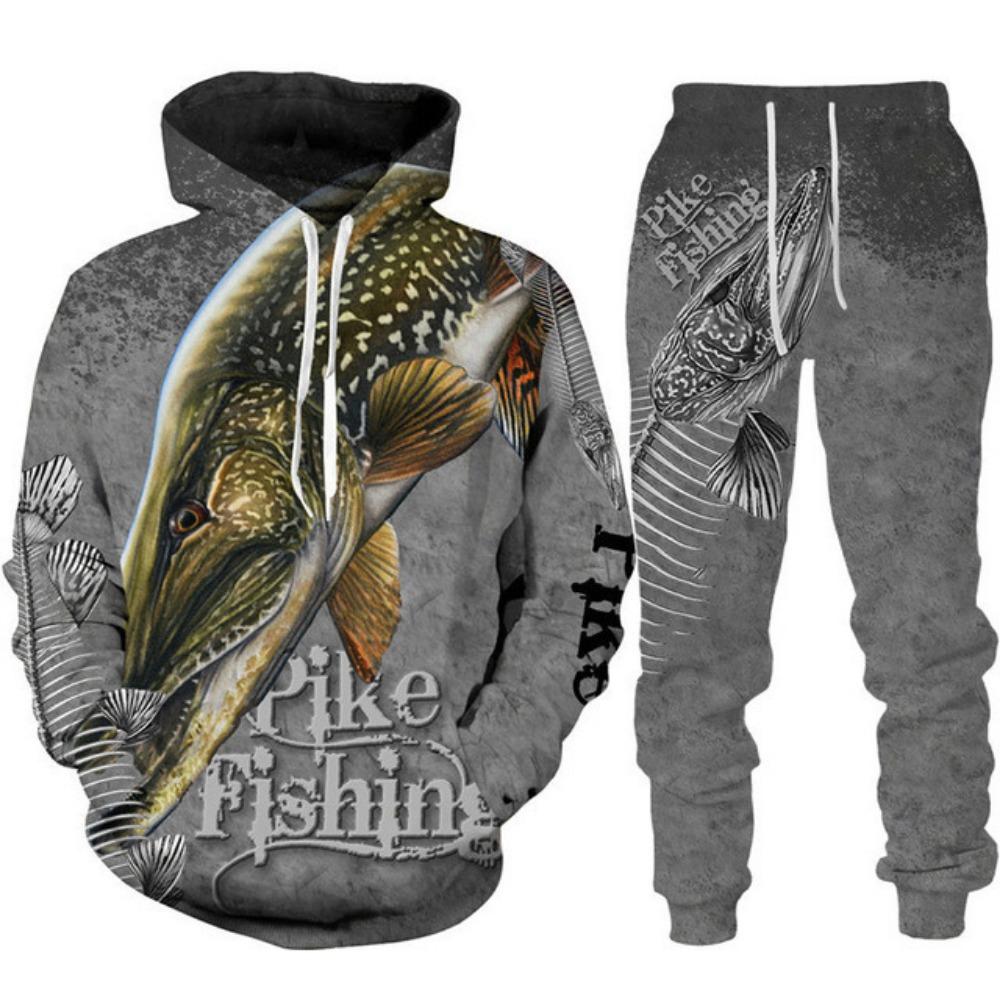 Mens Animal Bass Carp Fishing 3D Print Fashion Fisher Tracksuit Unisex Hoodie Jogging Pants 2Pcs Set Outdoor Clothing Size S-6XL
