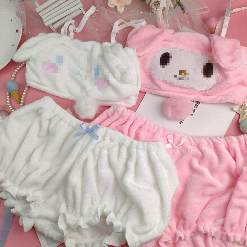 Женское нижнее белье для косплея, зимний бархатный топ и трусики Kawaii Bunny, пижамы для девочек, одежда для сна, комплекты домашней одежды