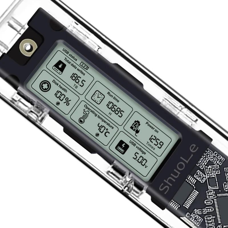 M.2 NVME/NGFF Dual Protocol SSD Enclosure Transparent Hard Drive Case USB3.2 Type C with Intelligent Display SATA SSD Adapter