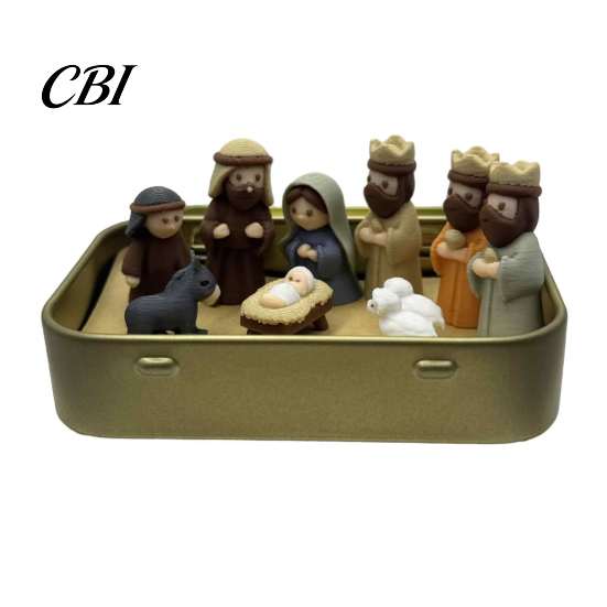 Christmas Manger Decor Mini Nativity Set in A Tin Box, 3D Printed Pocket Size Holy Family Christian Holiday Ornament Figurines, Miniature Religious