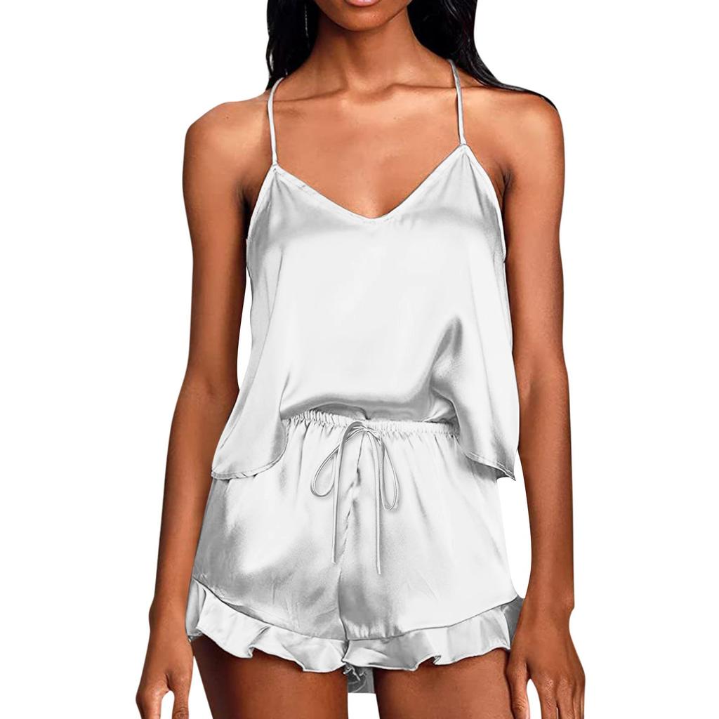 Пижама для женщин комплект из атласа 2 предмета шелковый топ и шорты повседневная мода с оборками мягкая одежда для сна