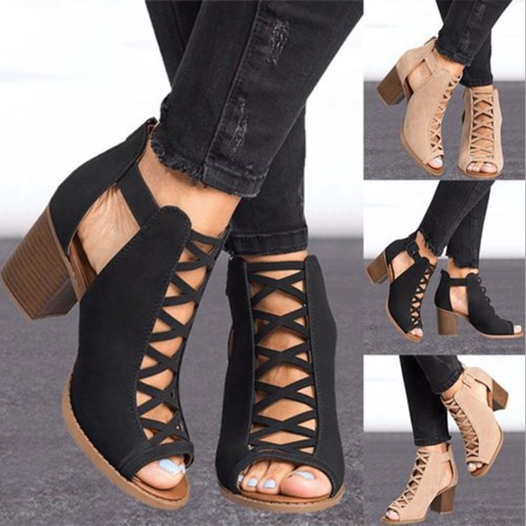 Women's Summer Plus Size Chunky Heeled High Heeled Roman Shoes Fish Mouth Hollow Out Elegant Commuter Shoes