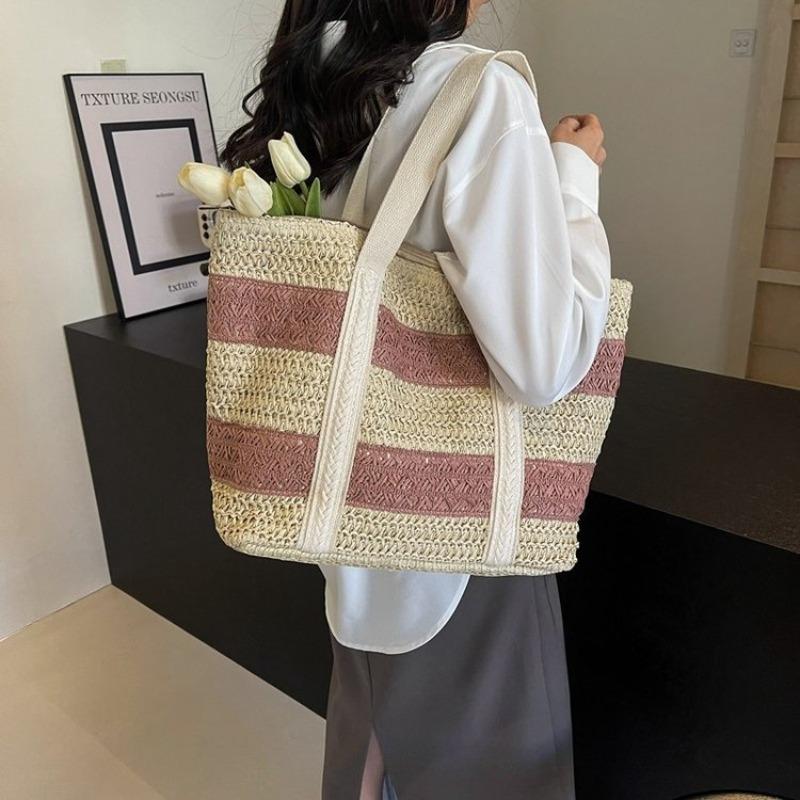 Striped Straw Bag, High-end Shoulder Woven Woven Bag, Large Capacity Tote Seaside Vacation Beach Bag
