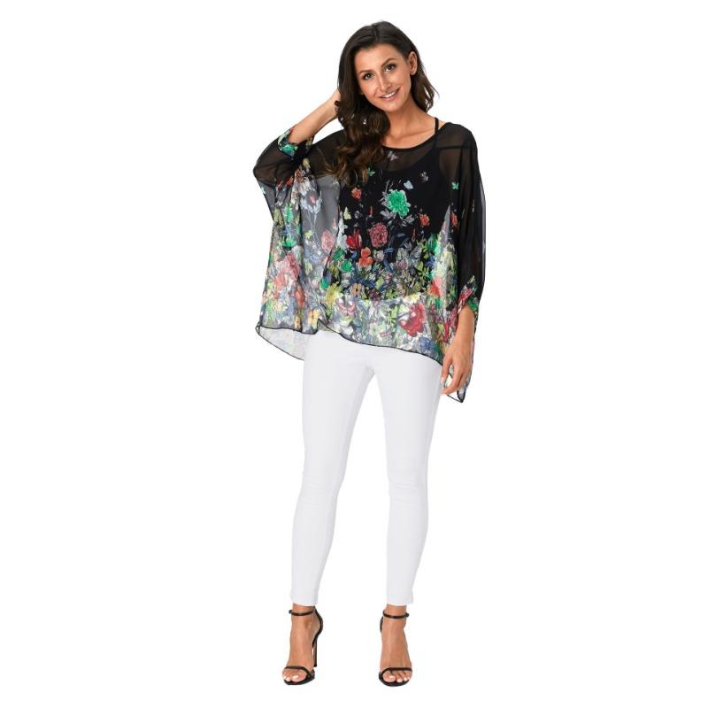 Шифоновая блузка в богемном стиле с цветочным принтом, повседневная блузка с рукавами «летучая мышь», хиппи, полупрозрачные свободные топы