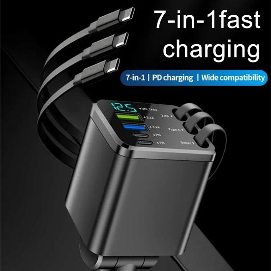 7-in-1 Retractable Car Charger Fast Charging Car Adapter with Digital Display 2 USB Ports 2 Type-C Ports 3 Cables Power Supply for Multiple Devices