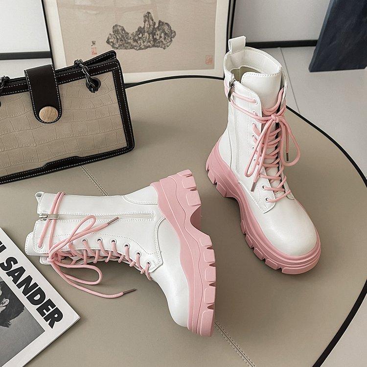Модные сапоги средней длины в европейском и американском стиле, новые осенние сапоги 2024 года, цветные, со шнуровкой, на толстой подошве, женские сапоги средней длины Zapatos