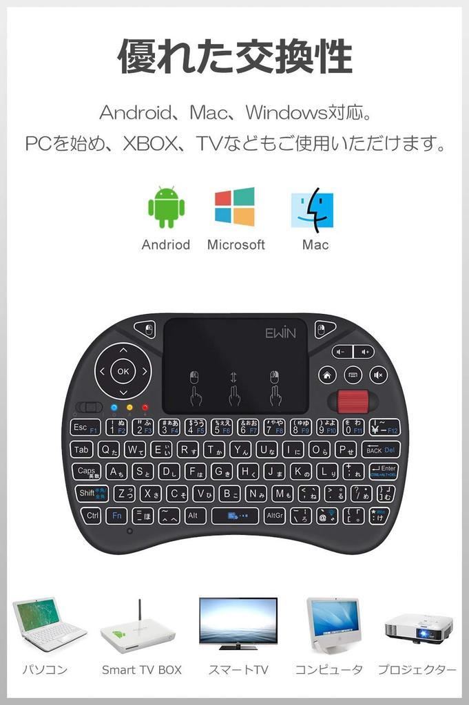 Ewin [New Model] Mini Keyboard with JIS Layout, Wireless 2.4GHz, Mouse Wheel, Touchpad, Integrated Mouse Set, Ultra-Small, Multi-Function Buttons,